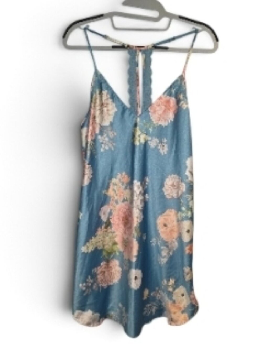 Flora Nikrooz Blue Lace Back Lingerie Racerback Nightie Floral Chemise Glam